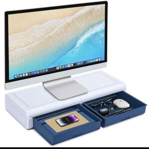 White Monitor Stand with Blue Storage Drawers
